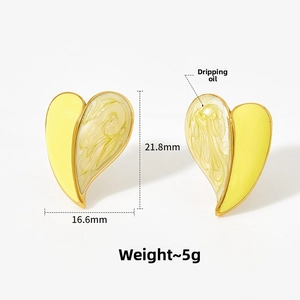 Detailed view of enamel heart earrings showing dimensions 21.8mm by 16.6mm and 5g weight