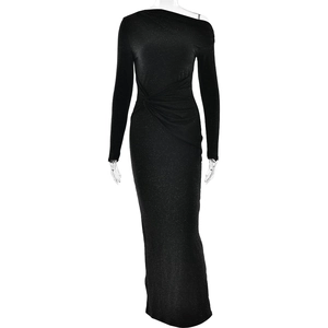 Elegant black sequin off-shoulder maxi dress with long sleeve and gathered waist detail