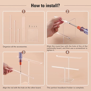 Four-step installation guide for the clear acrylic headband display stand assembly