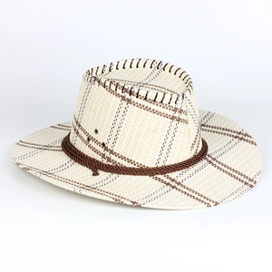 Detail of beige plaid straw cowboy hat featuring decorative cord and metal eyelets