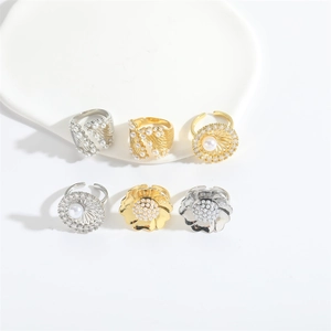 Floral open rings with ABS pearl inlay in gold and silver finish for women