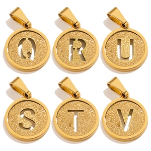 Round Initial Letter Pendant 18K Gold Plated Stainless Steel Hollow Sandblasted Charm For Jewelry Making Personalized