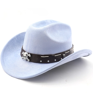 Detail of light blue suede cowboy hat with brown leather band and silver skull studs