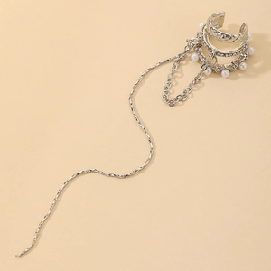 Multi Layer Long Tassel Clip On Earrings Alloy Rhinestone Faux Artificial Pearl No Piercing Elegant Ear Bone Clip Jewelry Women