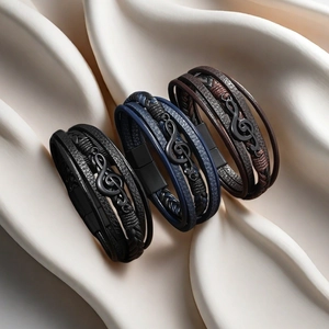 Three men's multi-layer braided leather bracelets in black, blue, and brown with music notes