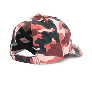 Detail of ponytail baseball cap with criss-cross elastic bands and camo washed cotton fabric