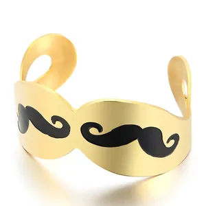 Stainless Steel Cuff Bangle Bracelet Enamel Mustache Rhinestone Inlaid Adjustable Open Fashion Jewelry Women