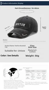 Detailed size guide for distressed cotton baseball cap with Boston embroidery detail
