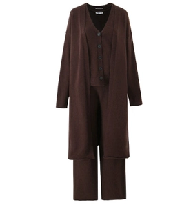 Flat lay of a 3-piece dark brown knit set with cardigan, V-neck top and wide-leg trousers