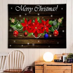 Dettaglio di un arazzo da parete natalizio con venature del legno e decorazioni festive