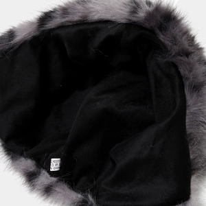Grey faux fur leopard hat with warm ear flaps and soft black fabric lining interior