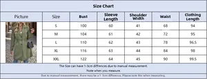 Detailed size chart for the elegant single-breasted sage green trench coat for women