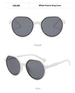 Front and side views of white polygon frame sunglasses with gray lenses for outdoor wear