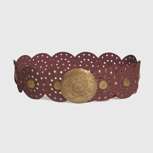 Bohemian burgundy leather belt with brass metal rivets and vintage floral engraved buckle