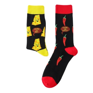 Detail of creative crew socks with hot chili and cheese patterns and funny text prints