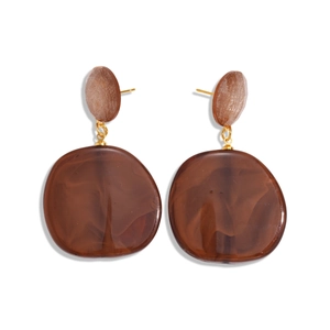 Vintage brown resin geometric earrings with golden accents on a white background