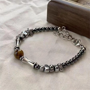 Bracciale In Acciaio Al Titanio Retrò Pietra Occhio Di Tigre Naturale Perline Design Giunto Di Bambù Unisex Regolabile Stile Punk