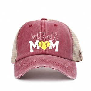 Distressed dark red and beige softball mom ponytail trucker hat with mesh back
