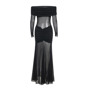 Close-up of the delicate sheer mesh and lace texture on the black off-shoulder dress