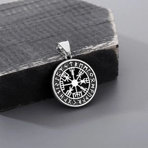 Vintage silver Viking Vegvisir compass pendant with Runes in stainless steel
