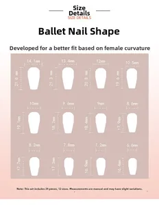 Size chart showing 12 dimensions of ballerina shape press-on nails for a perfect fit