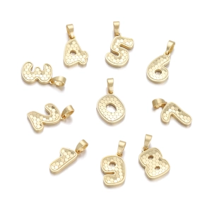 Golden 0-9 number pendants with hammered texture arranged in a circle on white background