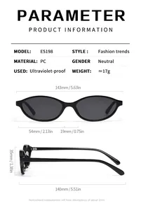 Detailed size chart for oval frame sunglasses showing precise lens and bridge dimensions