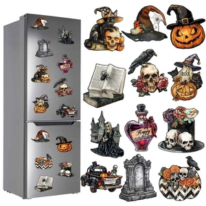 Macro detail of 13 gothic Halloween gnome skull magnets on a silver refrigerator surface