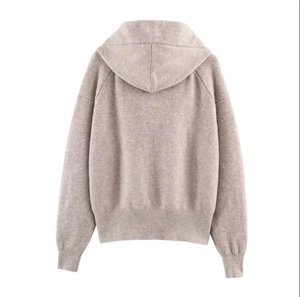 Oatmeal knit hoodie for women with back view showing bow detail and ribbed cuffs