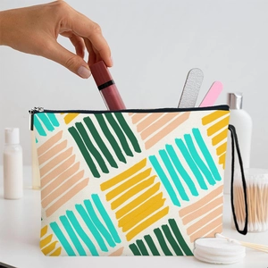 Trousse à maquillage portable en toile avec rayures colorées et fermeture zippée