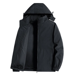 Men's black windproof hooded jacket with breathable mesh lining and zipper pockets