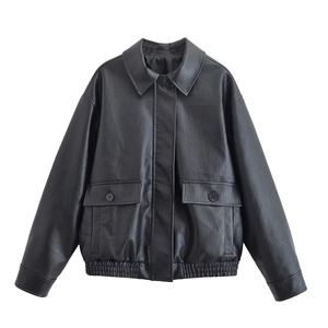 Black PU leather bomber jacket for women featuring classic lapels and front utility pockets