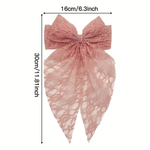 Pink lace bow hair clip for women with spring fastener shown with size dimensions