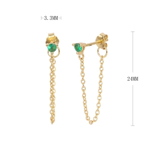 Detail of S925 silver gold earring with 3.3mm green zircon and 24mm chain length