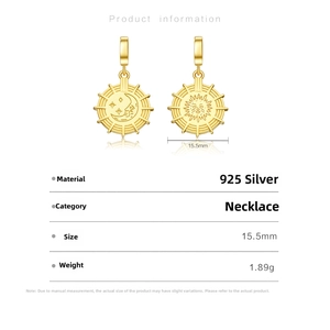 Detailed specs of sun and moon 925 silver pendants showing 15.5mm size and weight