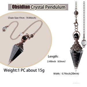 Obsidian crystal pendulum detail showing 19cm chain and 63mm x 20mm cone dimensions