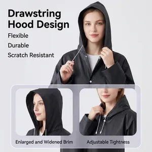 Reusable thick EVA raincoat for adults with adjustable drawstring hood and snap closure