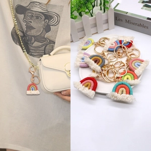 Handmade woven cotton rainbow keychain with tassel and gold metal lobster clasp for bags