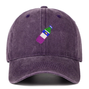 Vintage purple washed denim baseball cap with colorful bottle embroidery on white background