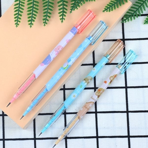 Detail of four colorful macaron stacking pencils with cute bear patterns and top buttons