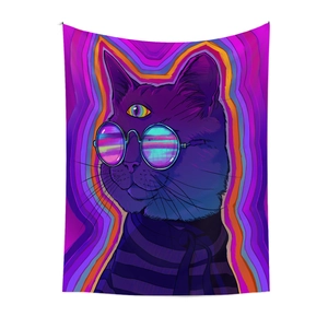 Detail of psychedelic cat tapestry with neon sunglasses and vivid trippy patterns