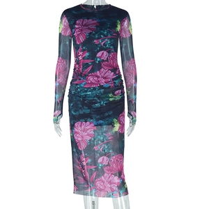 Detail of slim fit navy blue and magenta floral mesh dress with long sleeves and round neck