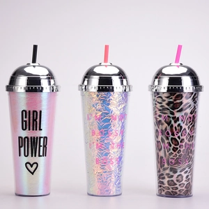 Three 24oz tumblers in pink iridescent, silver texture, and leopard print with dome lids