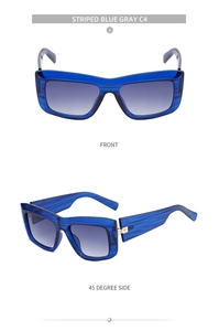 Front and side views of cat eye sunglasses with blue wood grain texture and gradient lenses