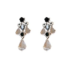 Vintage silver needle earrings with floral relief, rhinestones and waterdrop crystal pendants