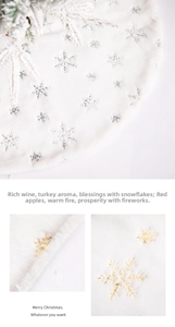 Macro detail of white faux fur Christmas tree skirt with silver and gold sequin snowflakes