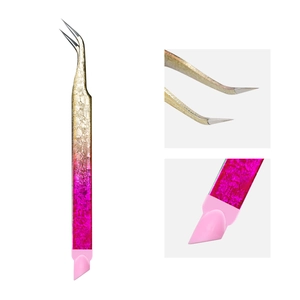 Macro view of gradient stainless steel tweezers with ice-cracked texture and pink silicone tip