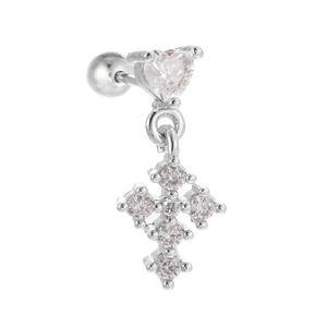 Detail shot of silver cartilage stud with heart zircon and cross pendant screw back