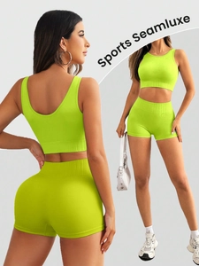 Detail of lime green seamless ribbed sports set with tank top and high-waist shorts
