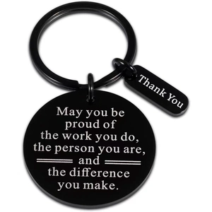 Black stainless steel keychain set with engraved inspirational quote and thank you charm